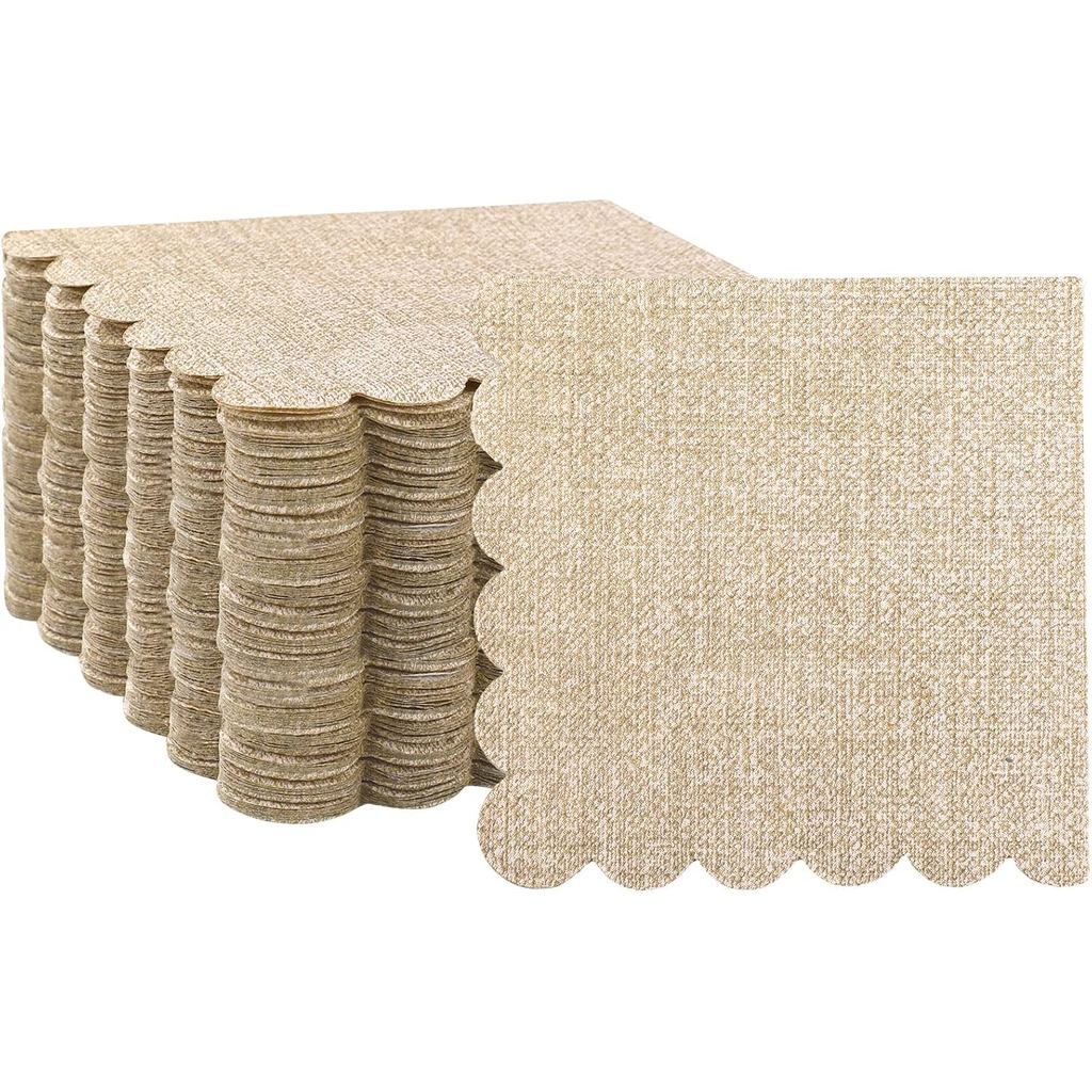 Panelee 100 ชิ้น Burlap ค็อกเทลขนม Tan ผ้าเช็ดปาก Rustic Scalloped กระดาษผ้าเช็ดปากตกแต่งทิ้งผ้าเช็ด