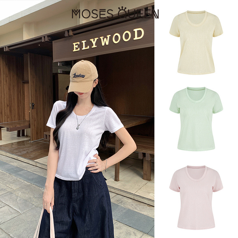 MOSESQUEEN โมเสสควีน เสื้อยืดคอวีแขนสั้นสําหรับผู้หญิงน้ําหนักเบาและหลวมมีคอกว้างเหมาะกับใส่ด้านนอกใส่แล้วดูผอมเข้าได้หลายชุด #63925
