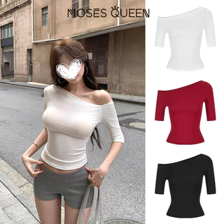 MOSESQUEEN โมเสสควีน เสื้อยืดแขนสั้นไม่มีแขนสําหรับผู้หญิงในฤดูร้อนที่มีความยาวกลางขนาดห้านิ้วเปิดไหล่และเสื้อท็อปครึ่งแขนที่ติดตั้ง #63966