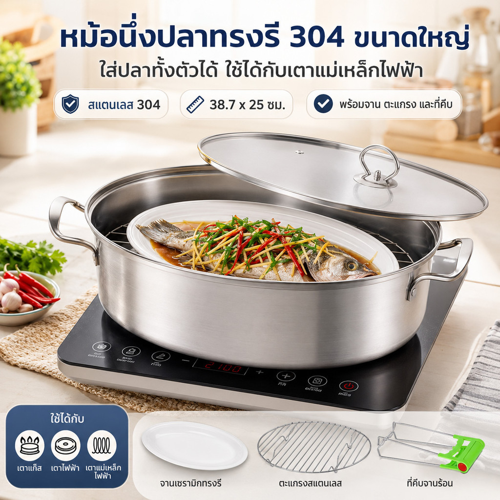 หม้อนึ่งปลา 304 สแตนเลสทรงรี 38 ซม. ใช้ได้กับเตาแม่เหล็กไฟฟ้า แก๊ส ไฟฟ้า พร้อมจานนึ่งและที่คีบ