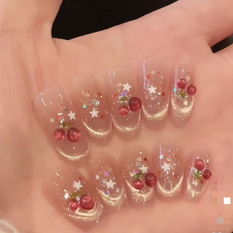 [Sweetheart Cherry] Handmade Wearing Nails Oval Simple Golden Autumn Cats Eye Jumping Diamond Blush 