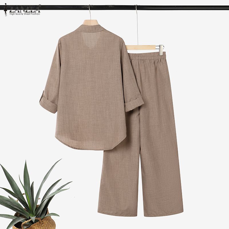 ZANZEA ผู้หญิงเกาหลี Commute Casual Lapel Roll Up แขนปุ่มกว้างเสื้อและกางเกงชุดสองชิ้น — صورة 8