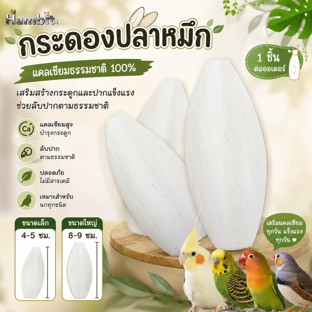Hambit. กระดองหมึก ลิ้นทะเล แคลเซียมธรรมชาติ 100% สำหรับนกทุกชนิด ช่วยลับปาก เสริมกระดูกแข็งแรง (1 ชิ้น)