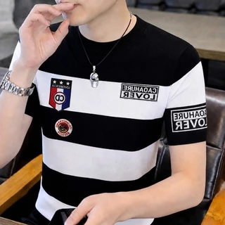 MANSTR ฤดูร้อน บวก ขนาดผู้ชายลายรอบคอเสื้อยืดแนวโน้มแขนสั้นธุรกิจ ไม่เป็นทางการ สูงสุด สีดําสีขาวสีเขียวสีฟ้า