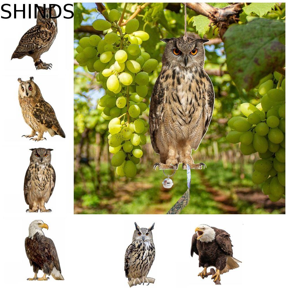 SHINDS Fake Bird Scare อุปกรณ์,พร้อมระฆังกันน้ําไล่นกนกฮูกหุ่นไล่กา,ปลอมนกฮูก Decoy แขวนสี่เหลี่ยมผืนผ้า Bird Repeller ตกแต่งสวน