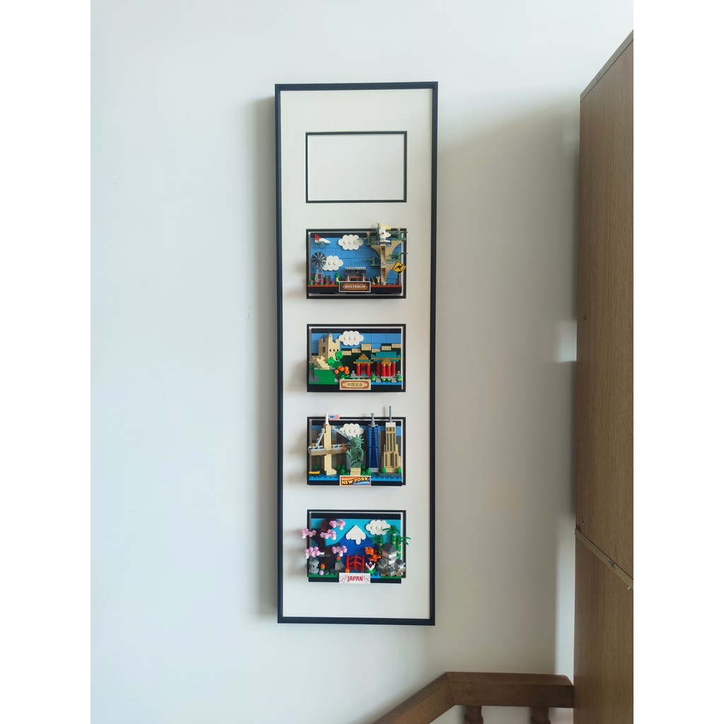 Lego City Tokyo Beijing Postcard อลูมิเนียมอัลลอยด์สีดําคอลเลกชันกล่องแสดง Mini Skyline ติดตั้งกรอบร