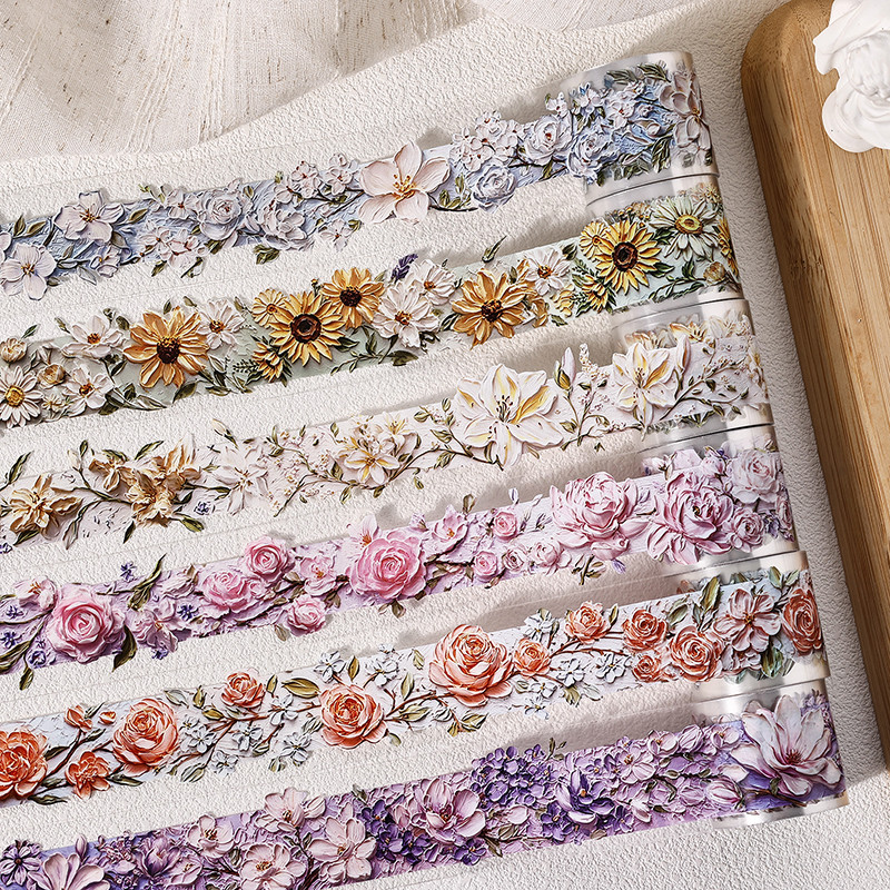 นาย กระดาษ 200 ซม./ ม้วนเทป PET จําลองภาพวาดสีน้ํามันเนื้อดอกทานตะวัน rose ดอกไม้รูปแบบหนังสือมือฉากเทป DIY การ์ดอวยพรถ้วยไดอารี่กรอบรูป notepad ของขวัญตกแต่ง