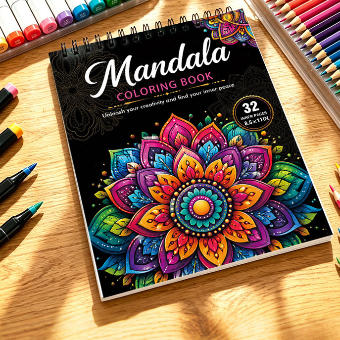 สมุดระบายสีลายวงกลมประดับ สำหรับผู้ใหญ่ 32 หน้า เย็บเกลียวคู่ วางราบได้ ขนาด 8.5x11นิ้ว