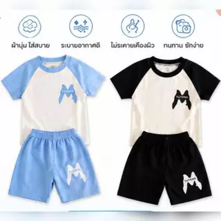 สินค้ามาใหม่ชุดเซ็ตเสื้อแขนสั้น กางเกงขาสั้น เนื้อผ้าใส่สบาย พิมพ์ลายตัวM สําหรับเด็กเล็กNEW💯
