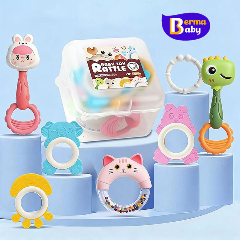 Berma Baby ของเล่นเขย่าเด็ก 7ชิ้น กล่องเก็บของ วัสดุซิลิโคน ของเล่นฝึกการจับ เสริมพัฒนาการ
