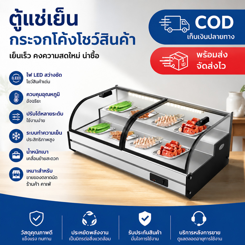 ตู้โชว์แช่เย็นแช่แข็งแบบตั้งโต๊ะ ขั้นบันได ตู้แช่เย็น ตู้แช่โชว์ ดีไซน์ขั้นบันได 3 ชั้น ไฟ LED 3 สี กระจกโค้งใสทรงสวย