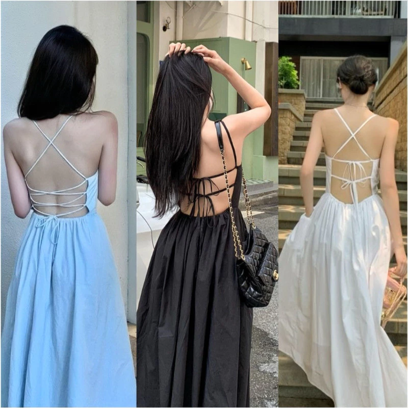 พร้อมส่ง✨เดรสออกงาน สายเดี่ยว เปิดหลัง🔥ชุดเดรสผู้หญิง ผูกเชือกด้านหน้า ด้านหลัง สีพื้น สไตล์หรูหรา