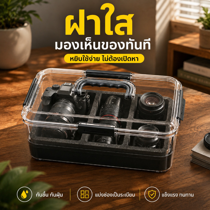 COD กล่องกันชื้นเก็บกล้อง ฝาใส ซีลกันฝุ่น วัดความชื้นดิจิตอล โฟมกันกระแทก พร้อมซองดูดชื้น