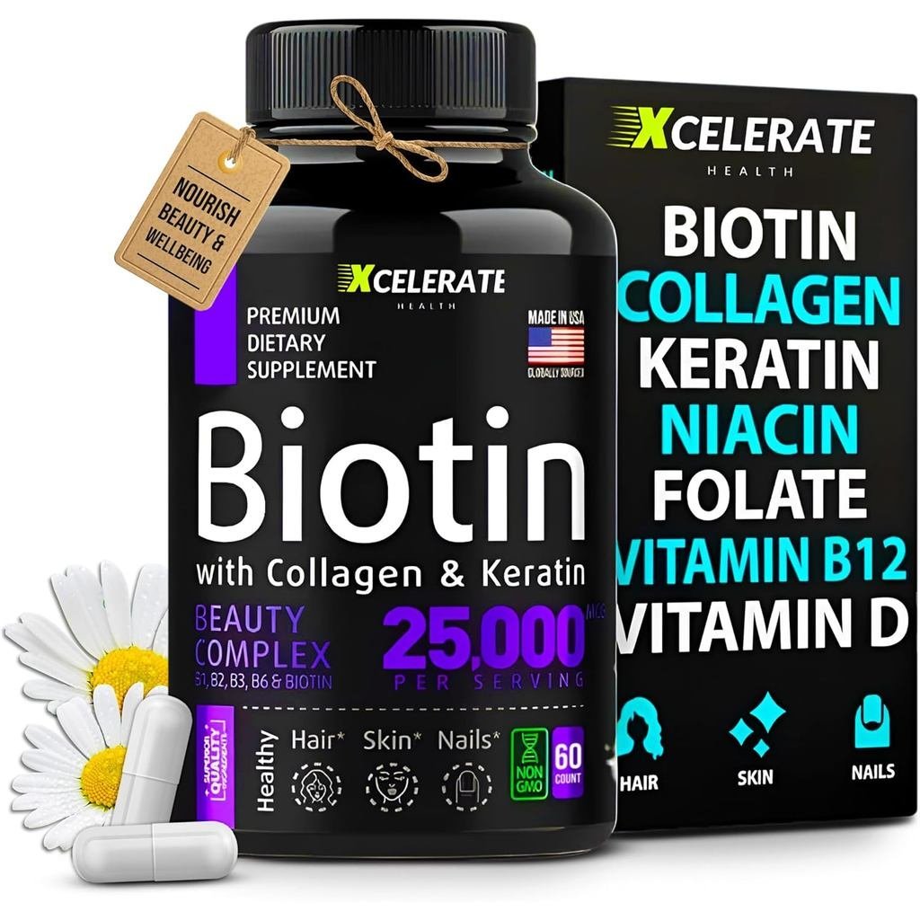 Biotin Collagen Keratin Capsules พร้อมวิตามิน A, D3, B12, B6, Niacin, Thiamin, Riboflavin, Folate & 