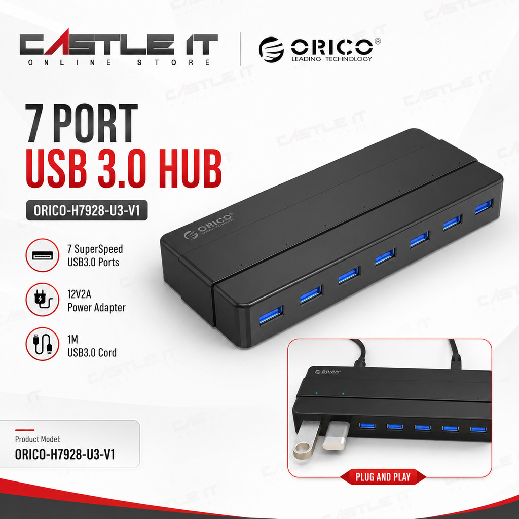ORICO H7928-U3-UK-BK 7 พอร์ต USB 3.0 Hub พร้อมอะแดปเตอร์แปลงไฟ 12V
