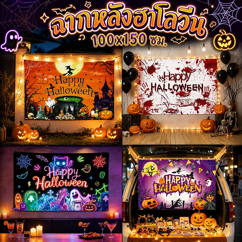 ฉากหลังฮาโลวีน👻 ผ้าฉากฮาโลวีน 100x150 ซม. ผ้าเนื้อดีใช้ซ้ำได้ Halloween ตกแต่งงานปาร์ตี้ สำหรับตกแต่งบ้าน-ร้านค้า