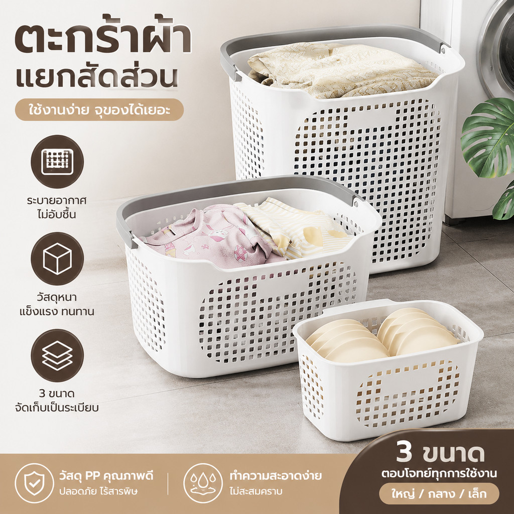 [พร้อมส่ง] ตะกร้าพลาสติกอเนกประสงค์ มีฝาปิด สไตล์เกาหลี ความจุมาก ตะกร้าใส่ผ้า เสื้อผ้า ของเล่น