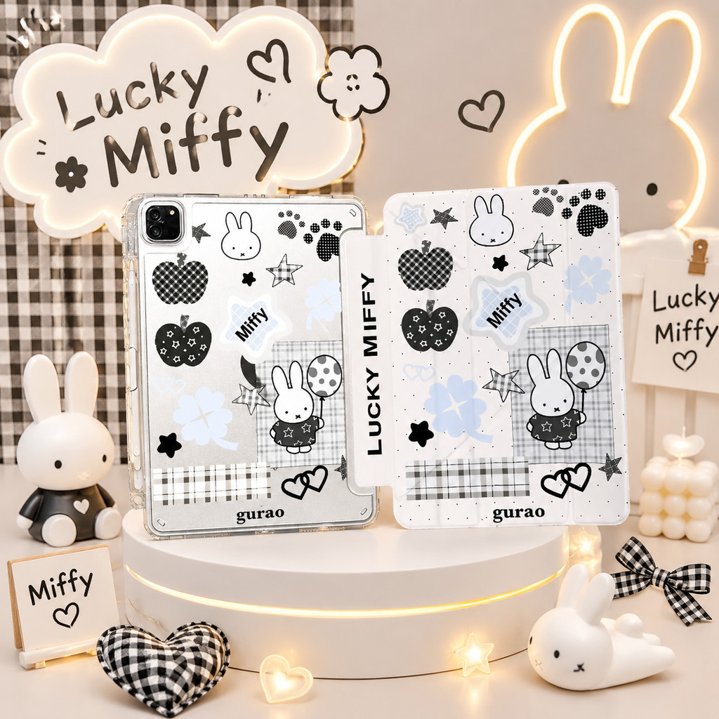 เคสแท็บเล็ตพับ Y-Fold ลายกระต่ายตารางขาวดำ มีที่ใส่ปากกา สำหรับ Redmi Pad SE 11/12.1 และ Pad 6 7 8 Pro