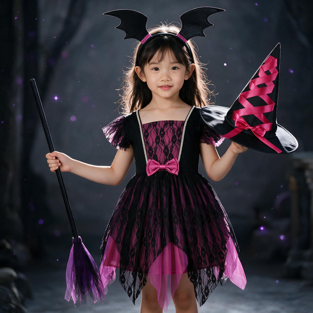 2026 Gothic Dark Witch Kids Party Dress, Elegant Lace Spliced Long Sleeve Gown, Vintage Themed Outfi