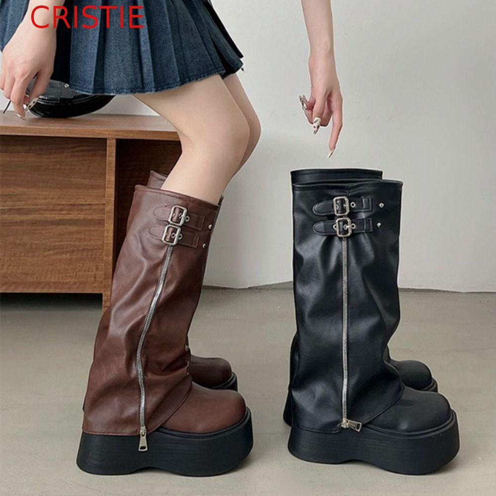 CRISTIE ผู้หญิงเข่าสูง Booties,แพลตฟอร์มการออกแบบใหม่ผู้หญิง Biker รองเท้า,อินเทรนด์เข็มขัดหัวเข็มขัด Street สไตล์ Y2K Punk ยาวท่อ Booties สุภาพสตรี