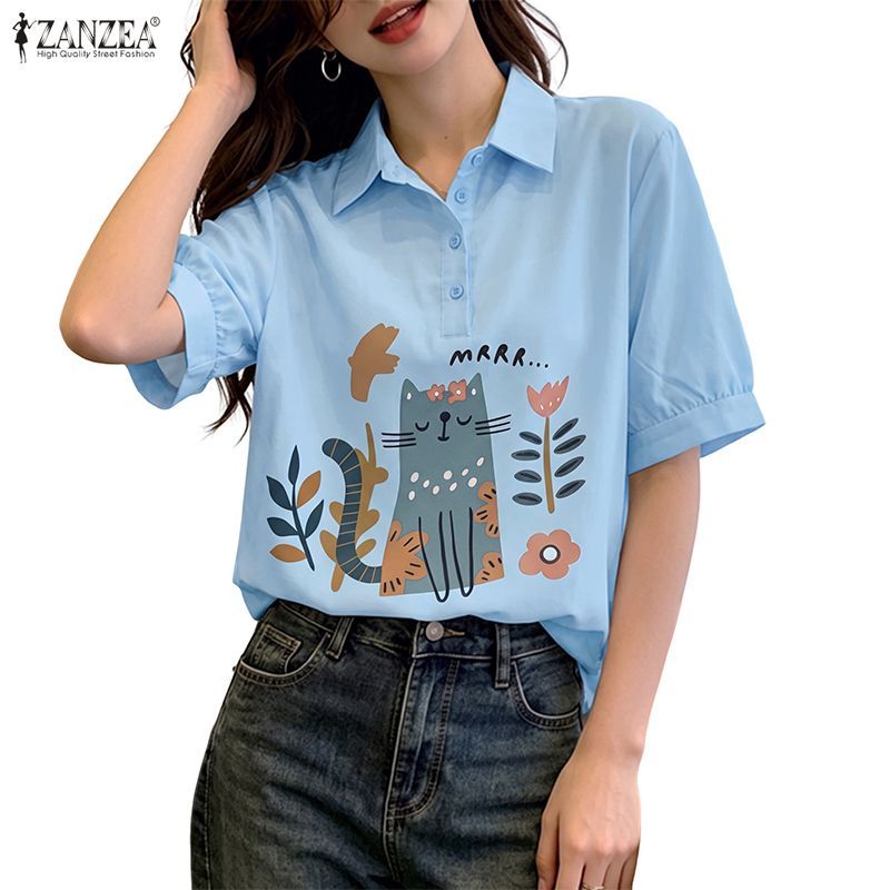 ZANZEA เสื้อเชิ้ตแขนพัฟพิมพ์ลายลําลองสไตล์เกาหลีของผู้หญิงการ์ตูนสัตว์รูปตัว H