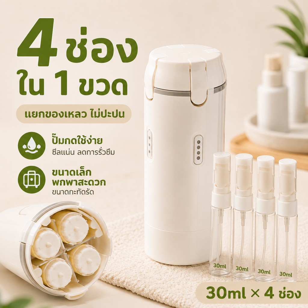 🎉พร้อมส่งในไทย🎉ขวดแบ่งของเหลว 4 in 1 พกพาสะดวก กันรั่ว ขวดเดินทาง 4 ช่อง สำหรับแชมพู ครีมอาบน้ำ โลชั่น โฟมล้างหน้า