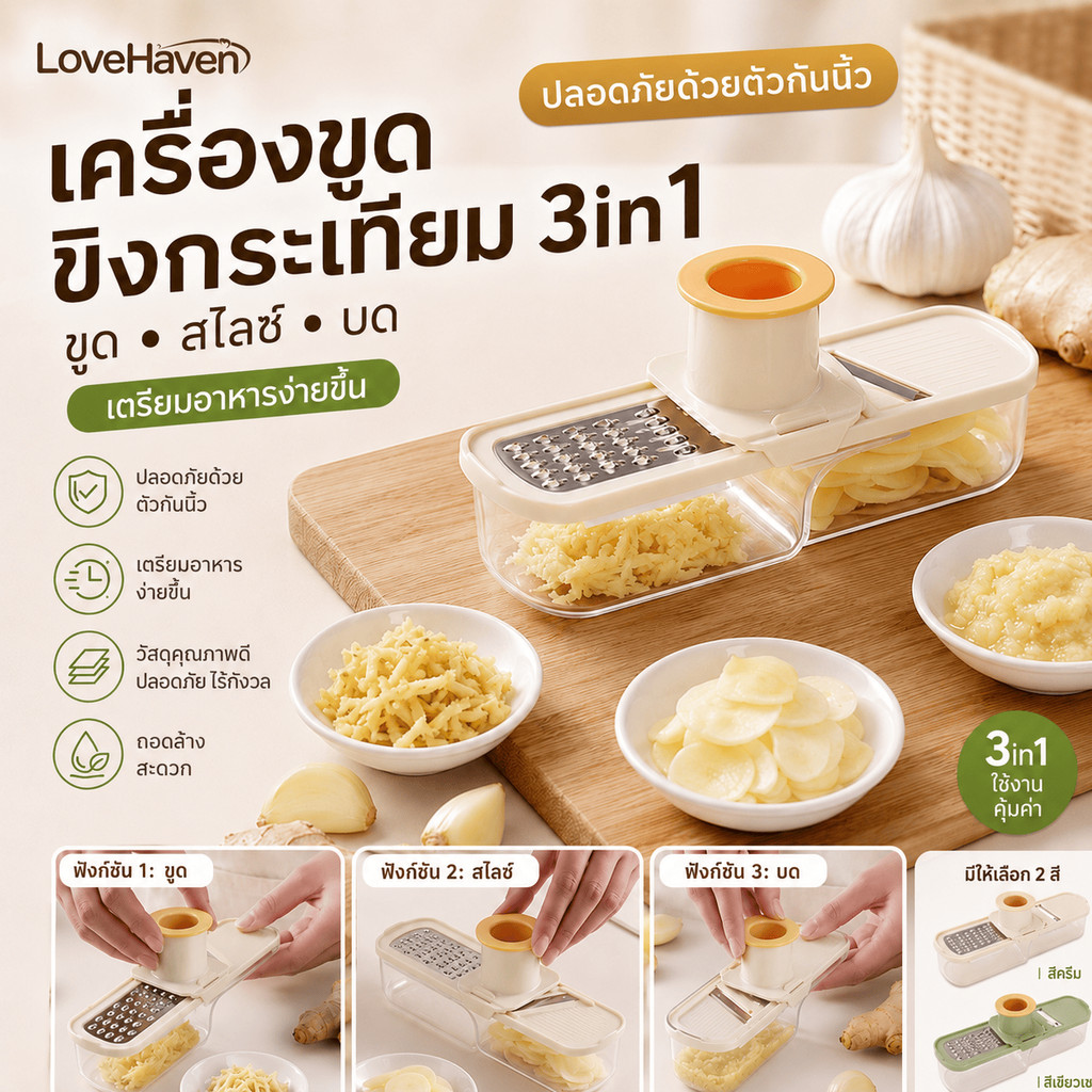 [LoveHaven] เครื่องมือเตรียมผักในครัวในครัวเรือนขิงแผนสามในหนึ่งเดียวตัดกระเทียมชิ้นบดละเอียดใช้งานง่ายทําความสะอาดง่ายคุ้มค่าใช้มือได้