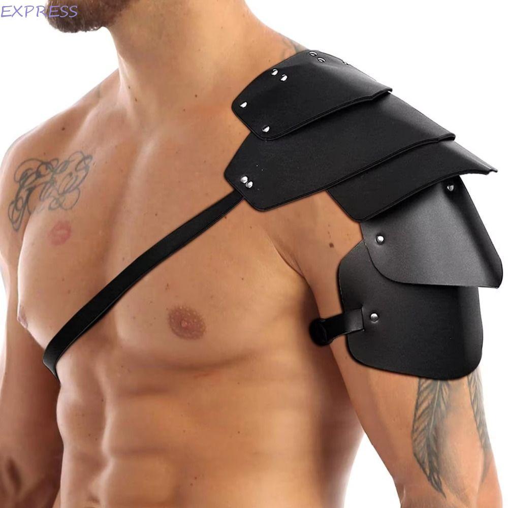 EXPRESS Gothic ไหล่เกราะ,สีดํา PU หนังเสื้อคลุมสายรัดหนัง, Armour Cape คู่ไหล่ Arm Guards LARP Pu ไหล่เกราะโจรสลัดคอสเพลย์