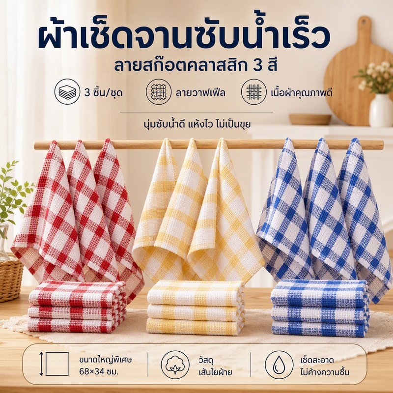 ผ้าเช็ดจาน ผ้าฝ้าย วาฟเฟิลรังผึ้ง ซับน้ำเร็ว แห้งไว ไม่เป็นขุย ขอบเย็บแน่น ชุด 3 ชิ้น