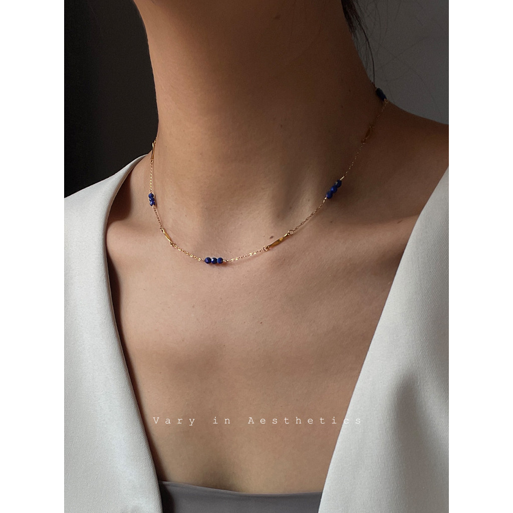 VIA ธรรมชาติ Lapis Lazuli Original Design เย็บไทเทเนียมเหล็กไม่จางหายสีขาว Simple Clavicle สร้อยคอสั