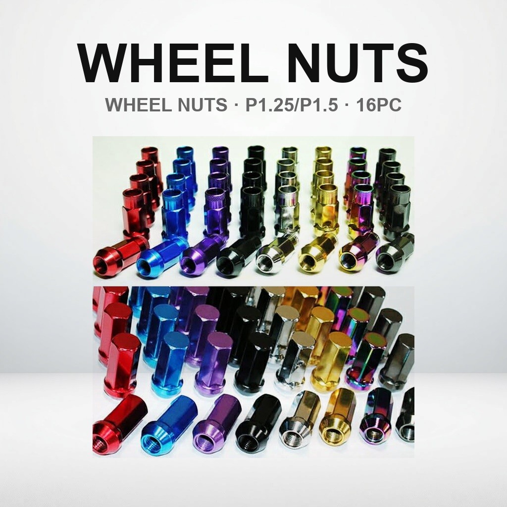 Racing Steel Wheel Nuts 45mm P1.25/P1.5 17HEX - 16pcs Assorted Colors (Fast Shipping)