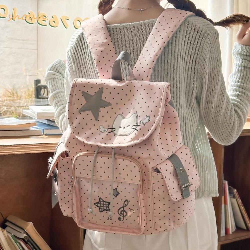 SHOUH Ita Backpack, Nylon Large Capacity Drawstring Backpack, Casual Sweet Cat Polka Dot Travel Dayp