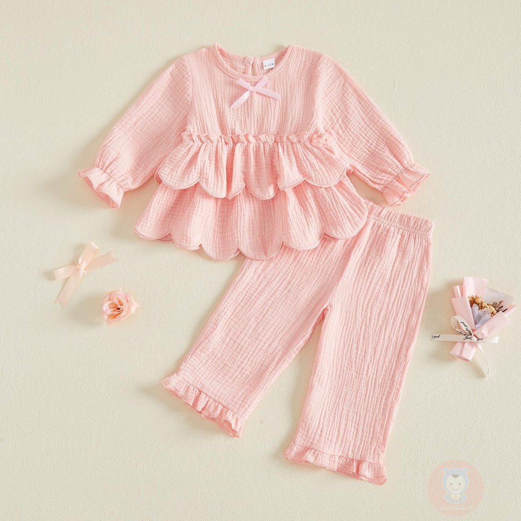 LAA6-Kids Girls 2PCS ชุดผ้าลินินแขนยาว O คอกลีบ Hem Peplum Tops + กางเกงบานชุด