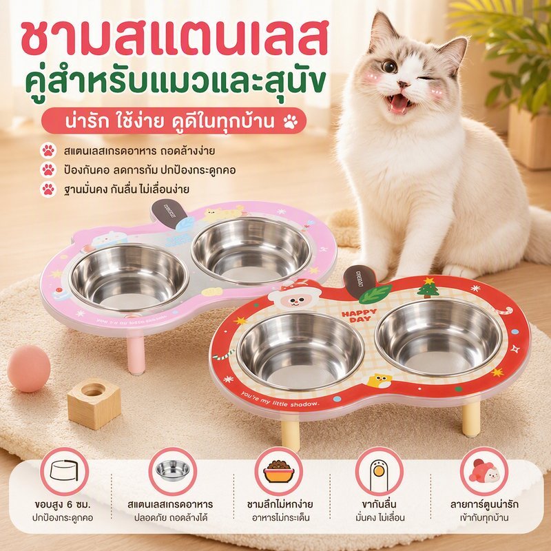 ชามอาหารสัตว์เลี้ยง 2 หลุม ชามอาหารแมว ปกป้องคอ ชามอาหารสแตนเลส ยกสูง กันลื่น ถอดล้างง่าย