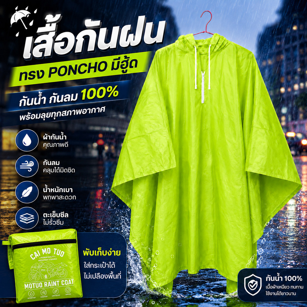 เสื้อกันฝนค้างคาว TP เสื้อกันฝนผู้ใหญ่ โพลีเอสเตอร์ กันน้ำ กันลม ฟรีไซส์ ชายหญิง เสื้อกันฝนมอเตอร์ไซค์ พกพา