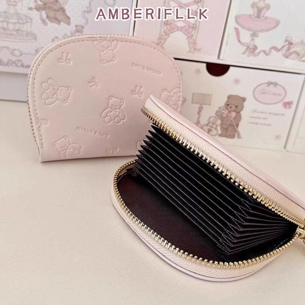 AMBER1FLLK Girls Short Wallet, Cute Bear Pink ID Card Bag, Fashion Portable 9 Card Slots PU Zipper C