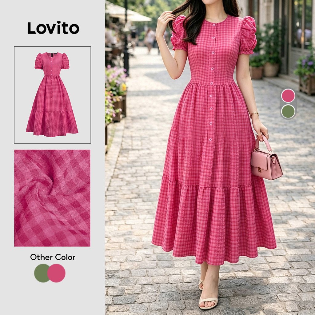 (New Arrival) Lovito เดรสลําลองผู้หญิงลายดอกสีชมพูกุหลาบแดงสําหรับฤดูใบไม้ผลิ/ฤดูร้อนกระดุม L196ED128
