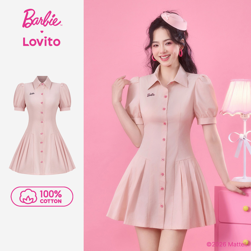 Barbie™ X Lovito แคชชวล เดรสปักลาย ผ้าฝ้าย 100% ติดกระดุม สีชมพู สำหรับผู้หญิง ฤดูใบไม้ผลิ/ฤดูร้อน เกาหลี อินเทรนด์ LB1AD025