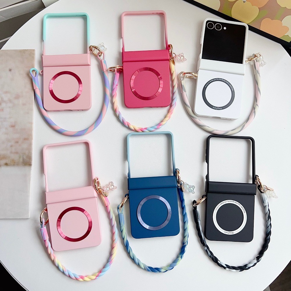 บานพับป้องกันเคสโทรศัพท์ W/หรือ W/O สีสันถักสายคล้องมือจี้สําหรับ Samsung Galaxy Z Flip 8 7 FE 6 5 4
