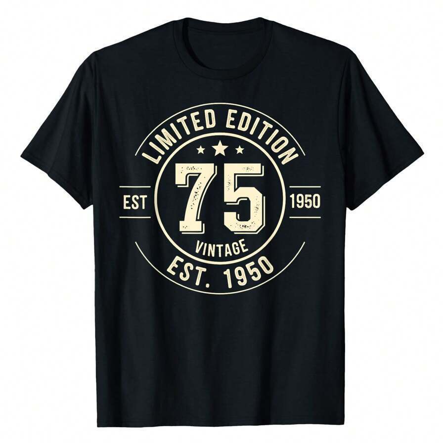 เสื้อยืดสกรีนลาย "75th Birthday" ผ้าฝ้าย 100%, คอกลม, แขนสั้น ใส่ได้ทั้งชายและหญิง (ไซส์ S–5XL)
