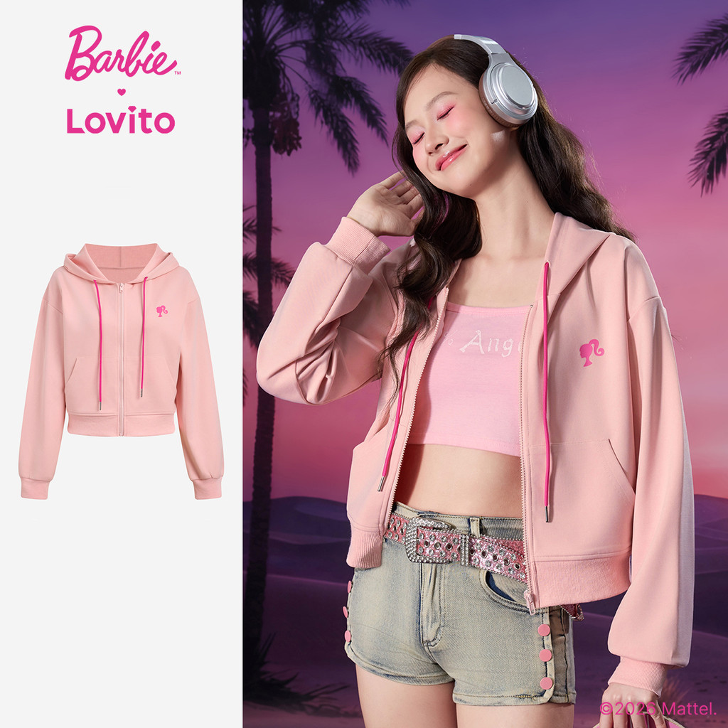 Barbie™ X Lovito เสื้อแจ็คเก็ตสีชมพูผู้หญิง ฤดูใบไม้ร่วง/หนาว แขนยาวมีฮู้ด สีตัดกันและซิป เกาหลี อินเทรนด์ LBL5AD022