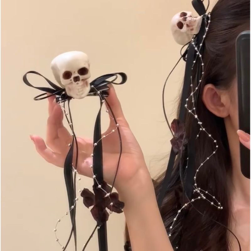 ฮาโลวีน Skull กิ๊บติดผมสีดํา Bow Streamer Cos Dark Dress Up Props เครื่องประดับผม Headdress Rebellio