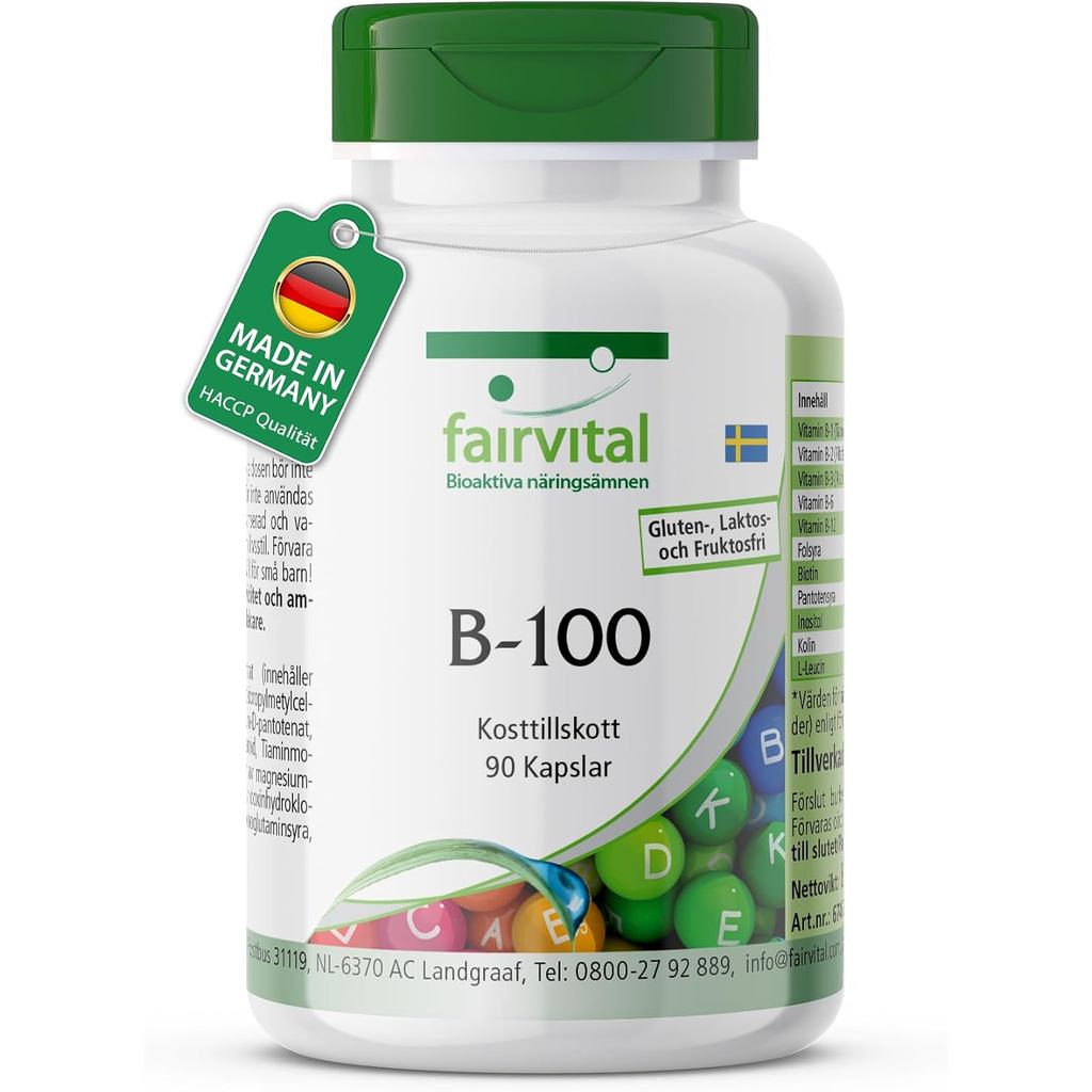 Fairvital Vitamin B-komplex Forte, B-100, 90 kapslar, alla B-vitaminer (B1, B2, B3, B5, B6, B7, B9, 