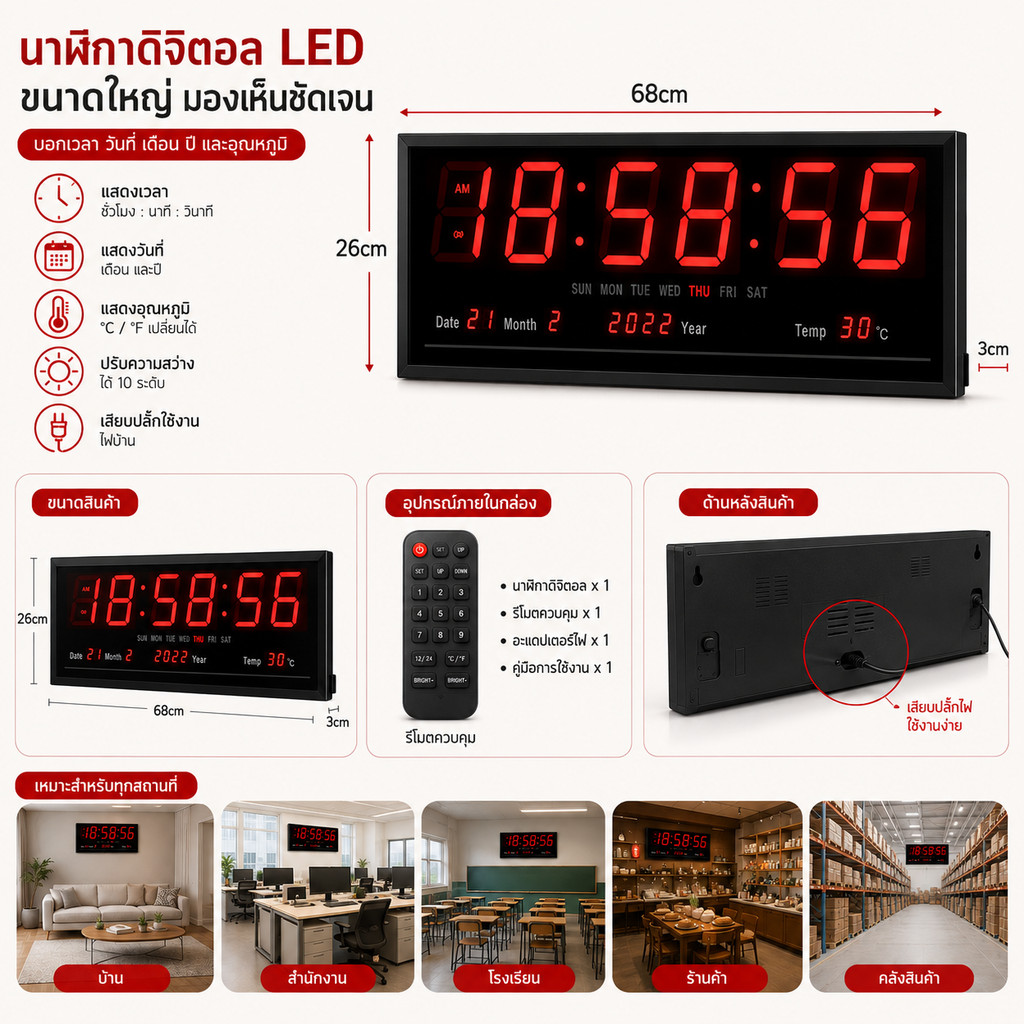 นาฬิกาดิจิตอล แถมอะแดปเตอร์(JH6826) 68.5x26x3cm นาฬิกา ตั้งโต๊ะ LED DIGITAL CLOCK นาฬิกาแขวน นาฬิกาต