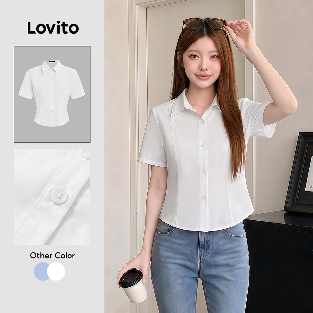 Lovito สง่างาม เสื้อเบลาส์ เสื้อเบลาส์แขนสั้นด้านหน้าปุ่มธรรมดาสําหรับผู้หญิง เกาหลี อินเทรนด์ L49AD046 (หลากสี)