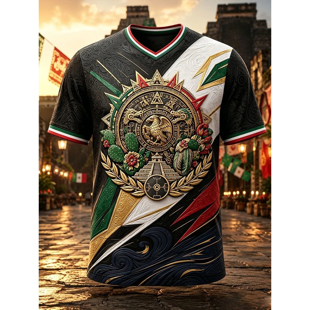เสื้อยืดแขนสั้นผู้ชายคอวี, Aztec Sun Calendar Eagle Snake Cactus Pyramid นูน-Effect Mexico Culture F