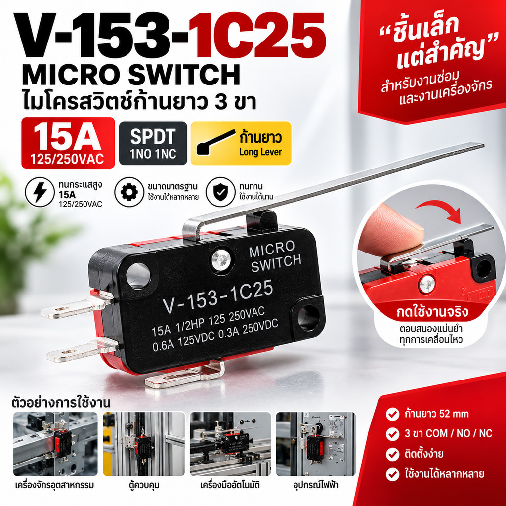 V-153-1C25 Micro Switch ไมโครสวิตช์ก้านยาว 52mm 15A 125/250VAC 3 ขา COM NO NC ลิมิตสวิตช์ SPDT
