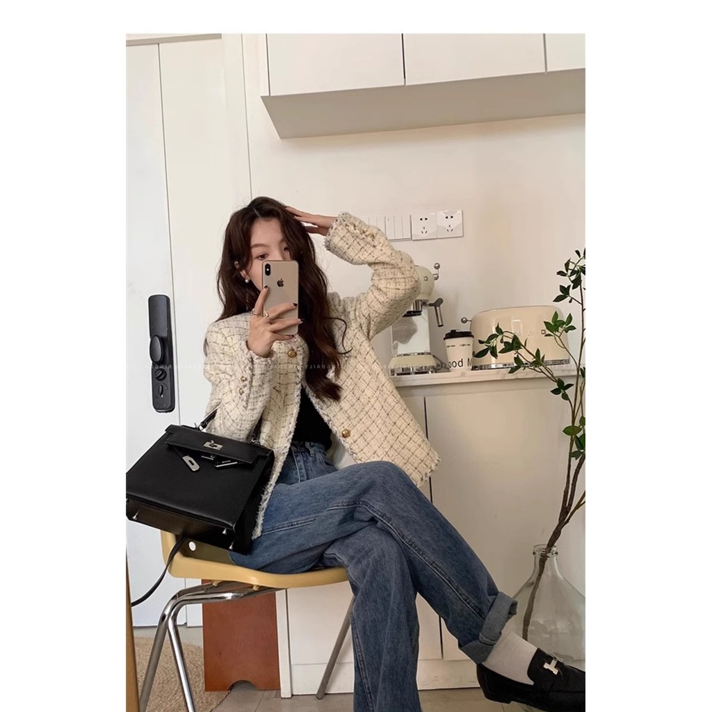 2026 French Tweed Crop Jacket ผู้หญิงฤดูใบไม้ร่วง Petite เบาะ Chic