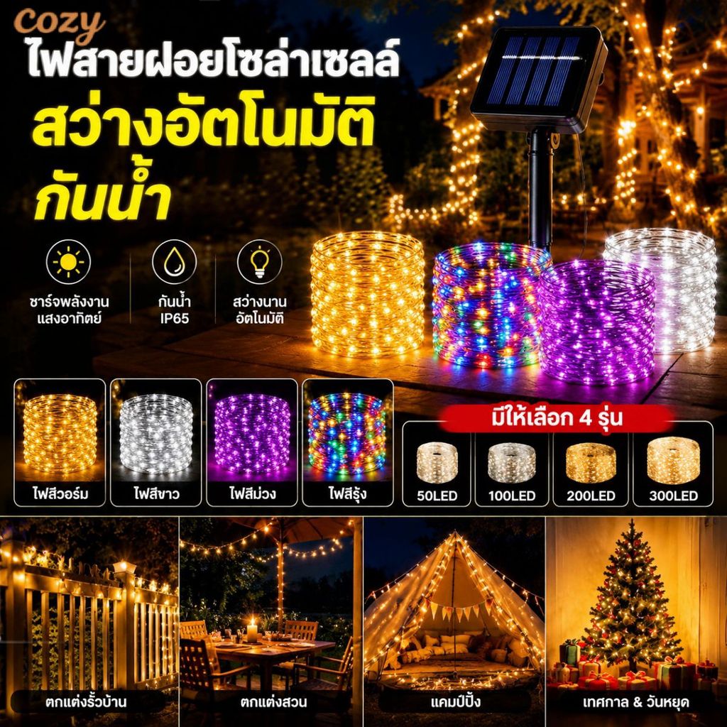ไฟ LED พลังงานแสงอาทิตย์แบบใช้ลวดทองแดงหลากสี กันน้ำ สำหรับตกแต่งลานบ้าน สร้างบรรยากาศเทศกาล