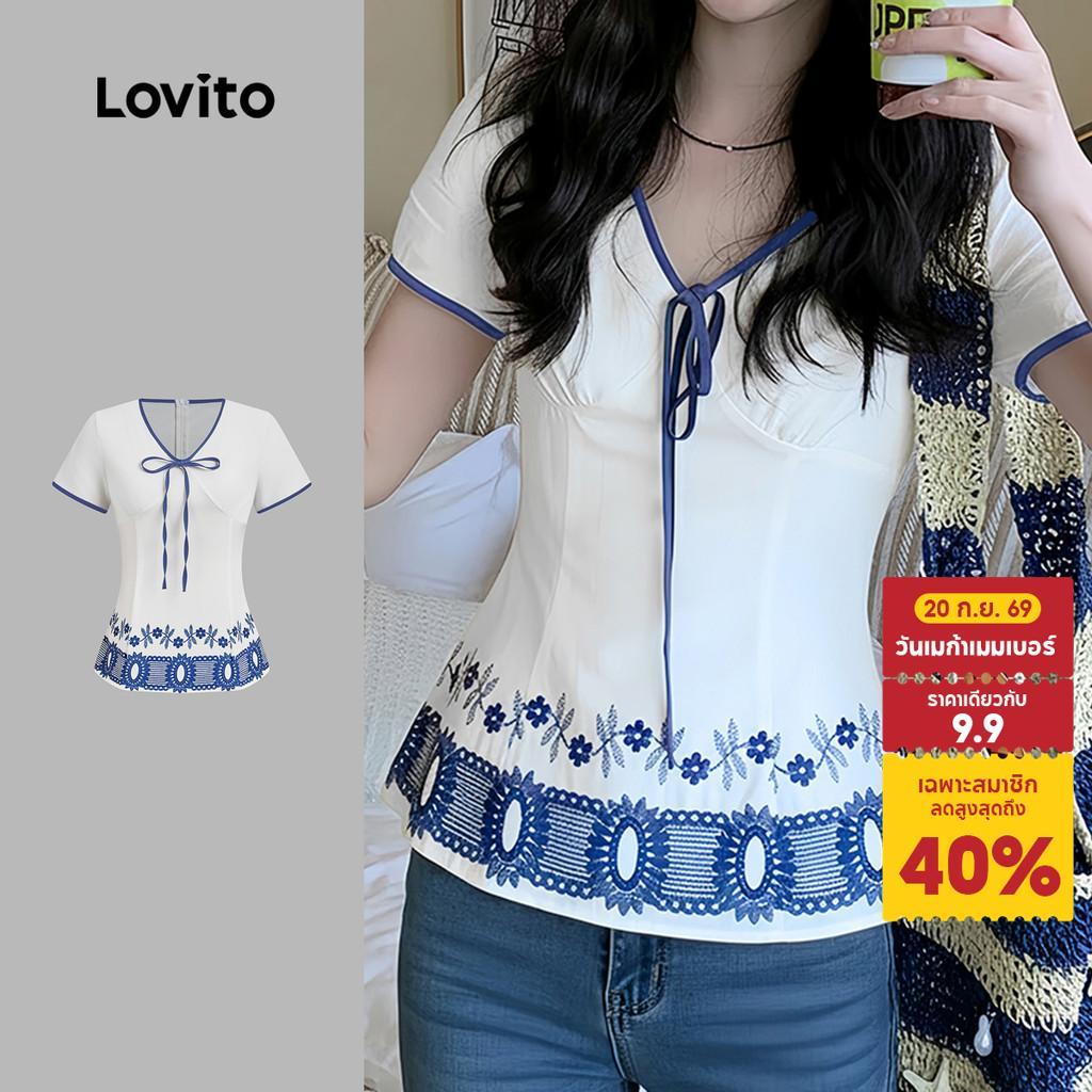Lovito โบโฮ บลาส์ ผ้าตัดขอบสีตัดกัน ลายประณีต เสื้อเบลาส์ฤดูใบไม้ผลิ/ฤดูร้อนสําหรับผู้หญิง L177ED044